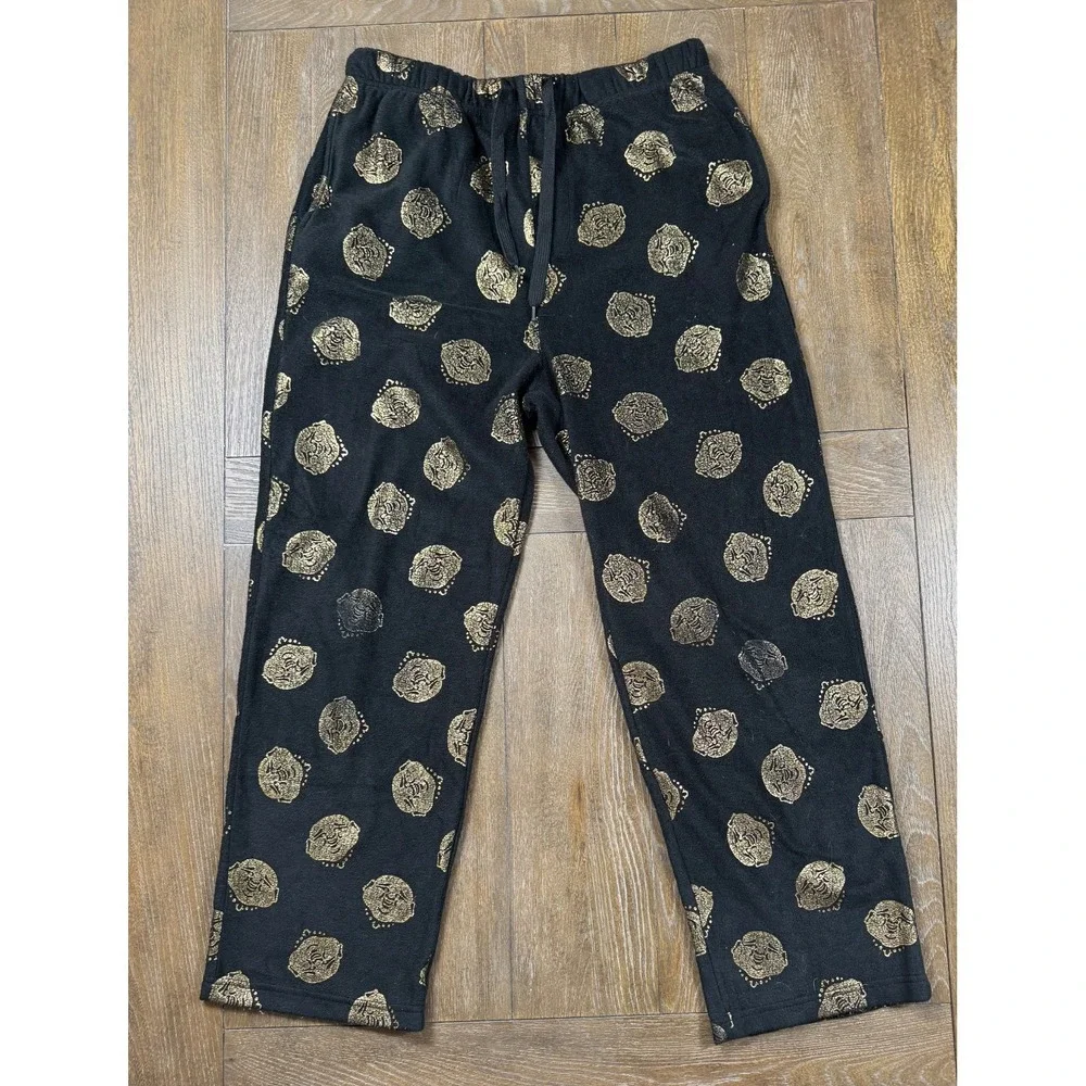 True Religion Mens Lounge Pants Large Black Gold Buddha Print Drawstring Pajama